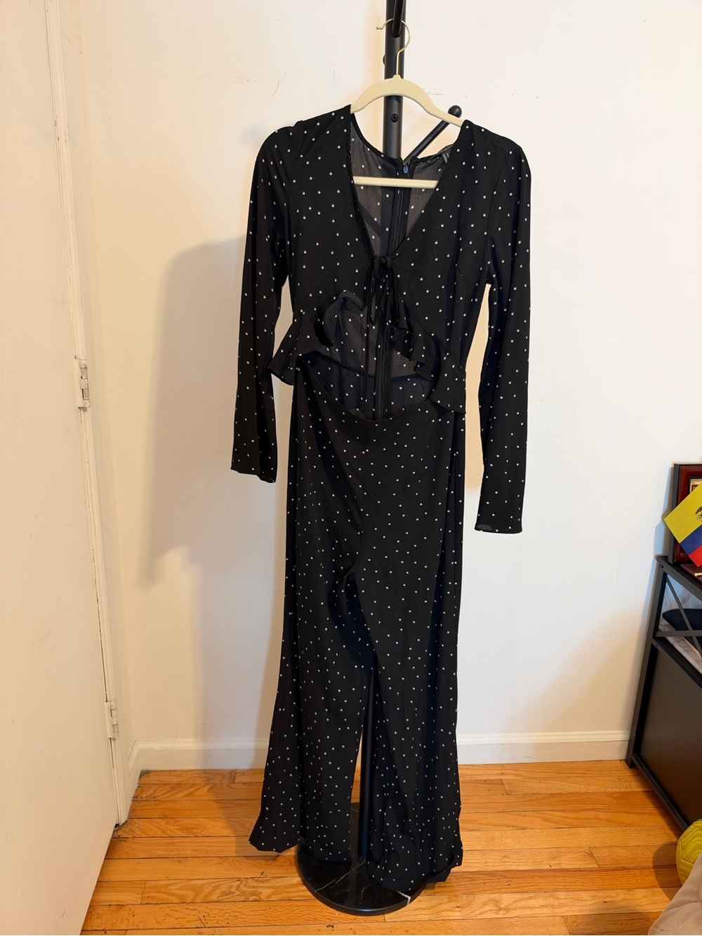 Forever 21 Black Polka Dot Long Sleeve Jumpsuit with Waist Tie